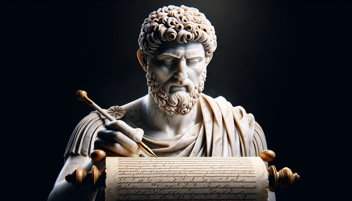 A marble statue of Marcus Aurelius in widescreen format, writing on a fresh papyrus scroll. The scroll is affixed with scroll holders, adding to the authenticity of the scene. Marcus Aurelius is depicted in deep thought, his iconic beard and Roman attire meticulously detailed. The background is black, highlighting the marble texture of the statue and the freshness of the papyrus scroll.