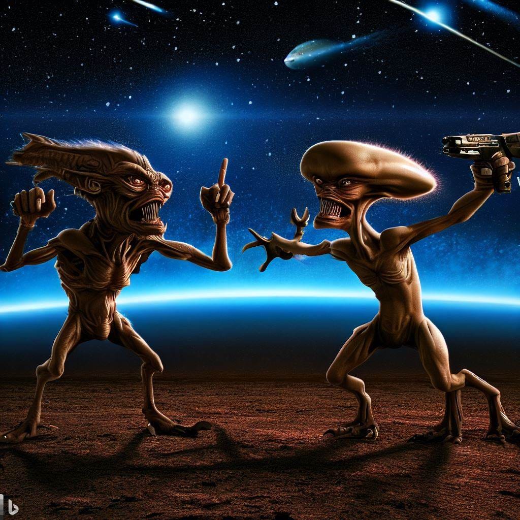 aliens fighting aliens Keywords: patriotism, different perspectives, national identity, loyalty, sense of belonging, logical choice, emotional attachment, patriotism and nationalism, pride in one's country, cultural influence, ideals, worldview, values, patriotism and politics  Additional keywords: national pride, love for country, devotion, nationalistic fervor, patriotic values, national loyalty, flag-waving, nationalistic propaganda, patriotic duty, patriotism vs. cosmopolitanism