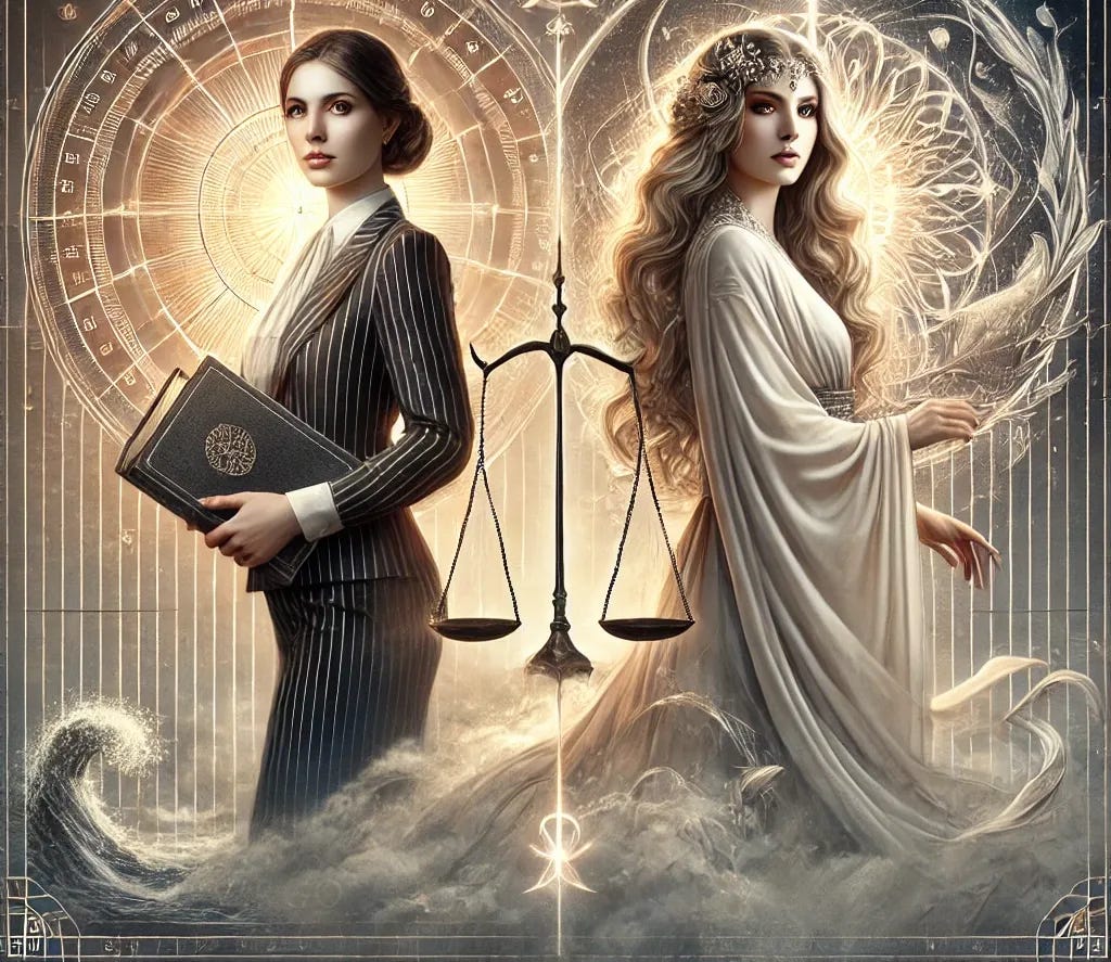 A symbolic representation of the Virgo-Pisces axis. On the left, a woman dressed as an auditor holds a ledger, surrounded by structured geometric patterns and a glowing Virgo symbol. On the right, a mystical priestess stands in flowing robes, enveloped in mist, water, and a glowing Pisces symbol. They stand side by side, contrasting logic and intuition, structure and surrender.