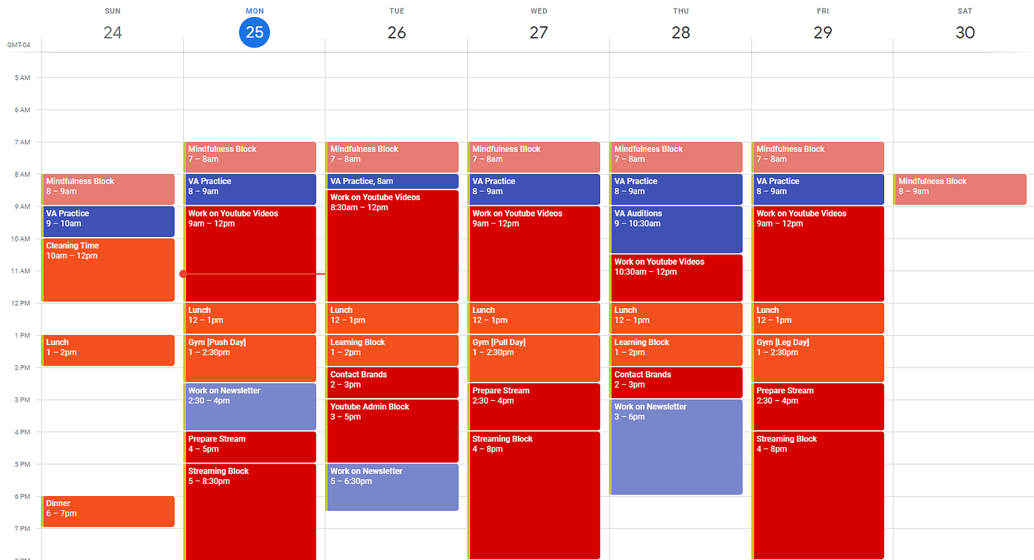An image of my calendar from Google Calendar. Each task has a color signifying what area of my life it is in.