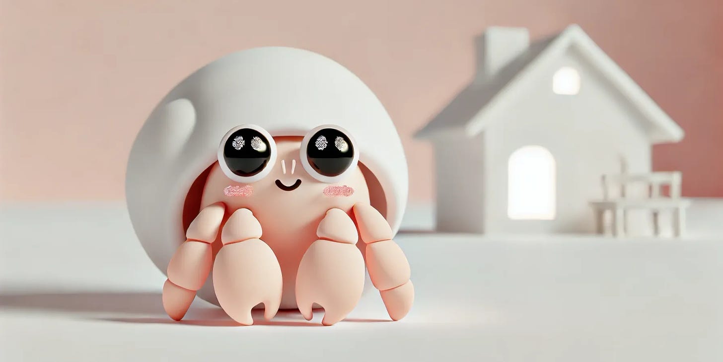 A minimalistic and extremely cute 3D render of a hermit crab in a wide aspect ratio. The crab is made even cuter, with exaggeratedly large, sparkling expressive eyes, tiny blush marks on its cheeks, a perfectly round and cozy shell, and a very friendly, charming pose that exudes innocence and playfulness. Include a small, cozy house in the background, with a soft pastel aesthetic. The house should look welcoming and add warmth to the scene, without overpowering the crab. The background is clean and minimal, emphasizing the crab's adorable, playful character and the cozy house.