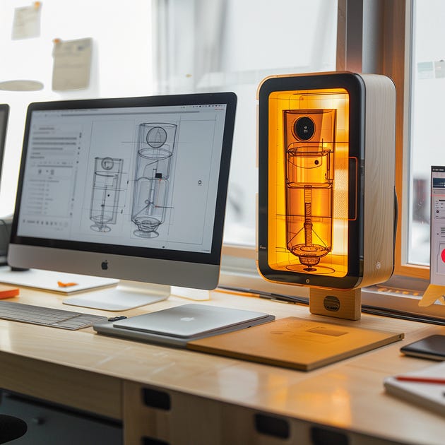 A software sketch that sits on the computer of a widget next to the physically constructed widget that is sitting in the middle of an orange glowing box