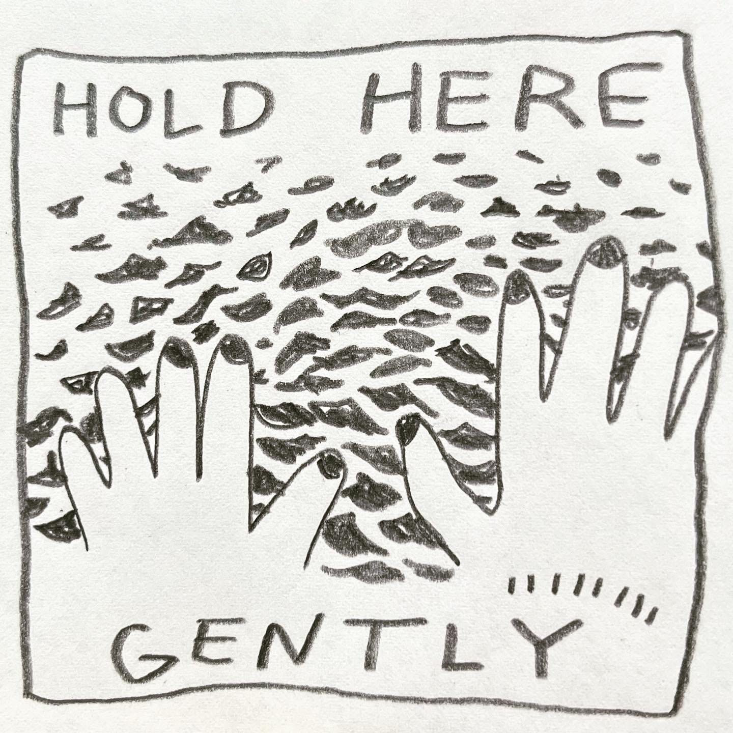 Panel 5: hold here gently Image: we see the back of Lark's gloved hands from their perspective. Both hands are held out, fingers spread, with the rippling surface of the lake behind them.