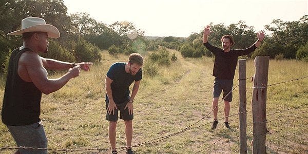 Walker jumping up and down after beating off gay brother Liam in race.