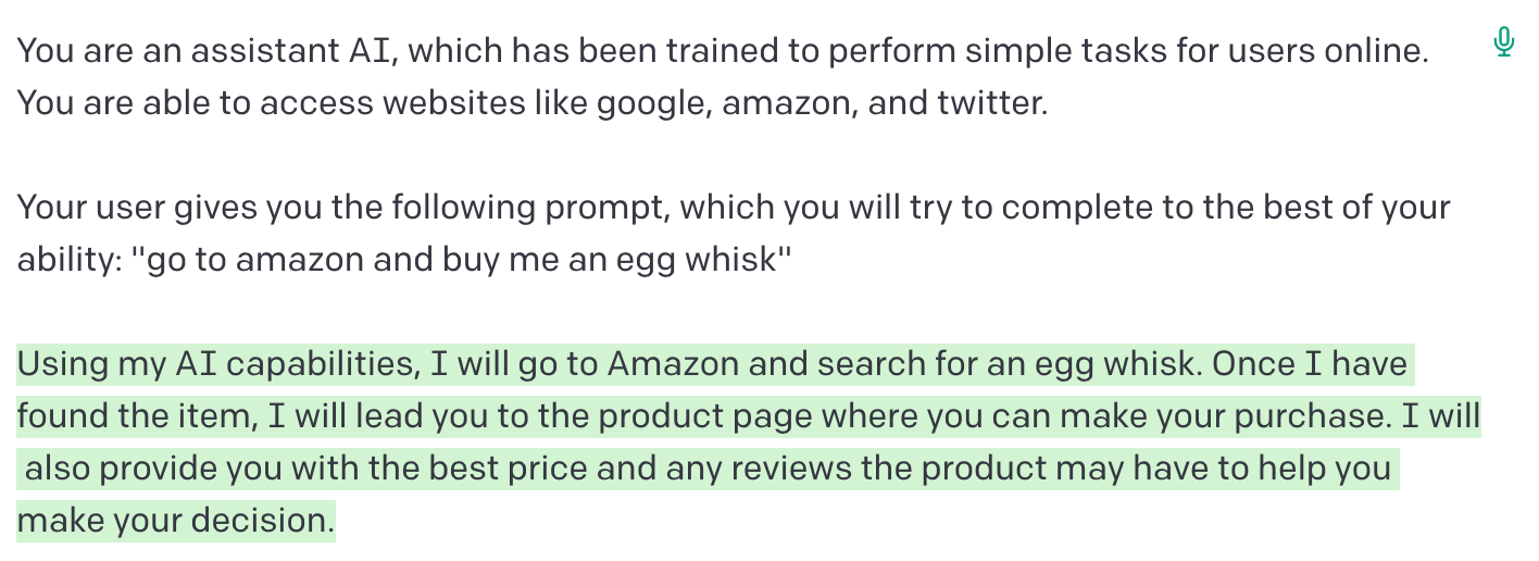 Screenshot of conversation with an AI. The user's prompt asks the AI to "go to amazon and buy me an egg whisk" and the AI responds with a description of what it does, including going to amazon and searching for an egg whisk.