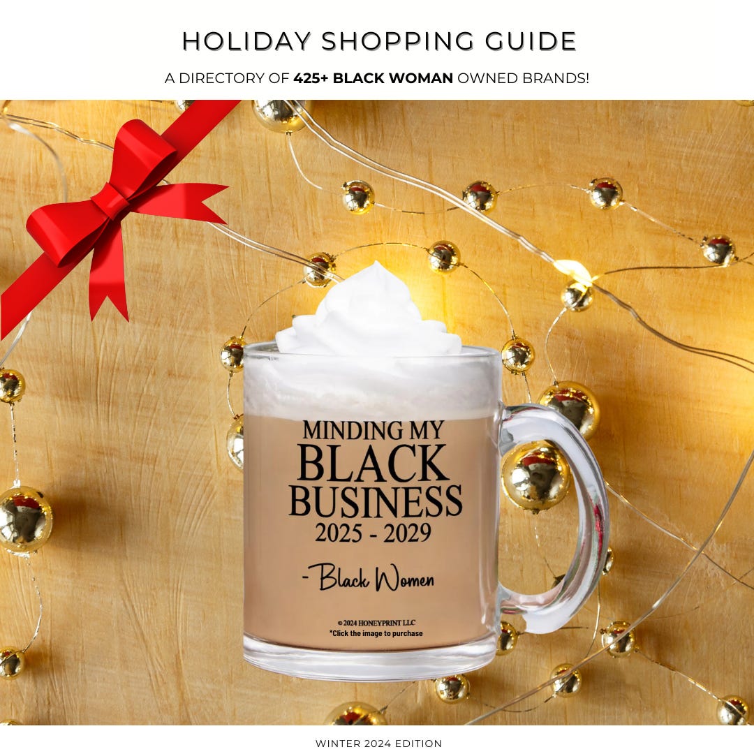  A cover for the Holiday Shopping Guide of over 425+ Black woman owned businesses. The image is a glass mug that says “minding my Black business 2025 - 2029: Black women.” There are gold holiday lights in the background and a red bow in the top left corner