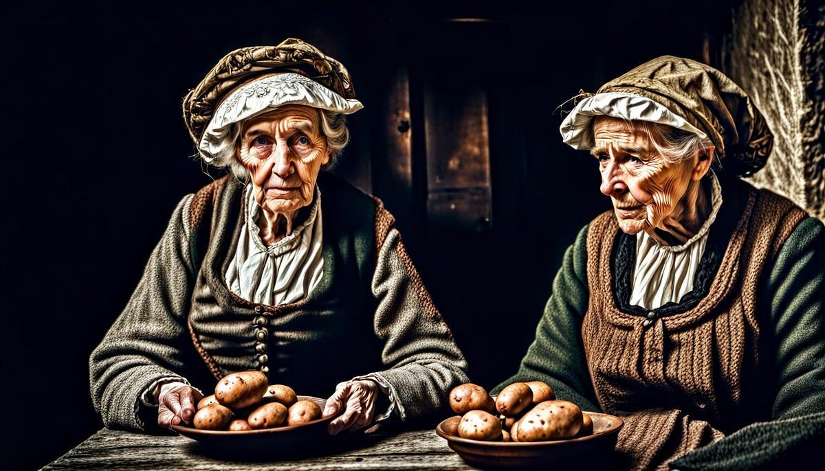 2 sad looking old ladies in 19th century dress, each with a platter of potatos