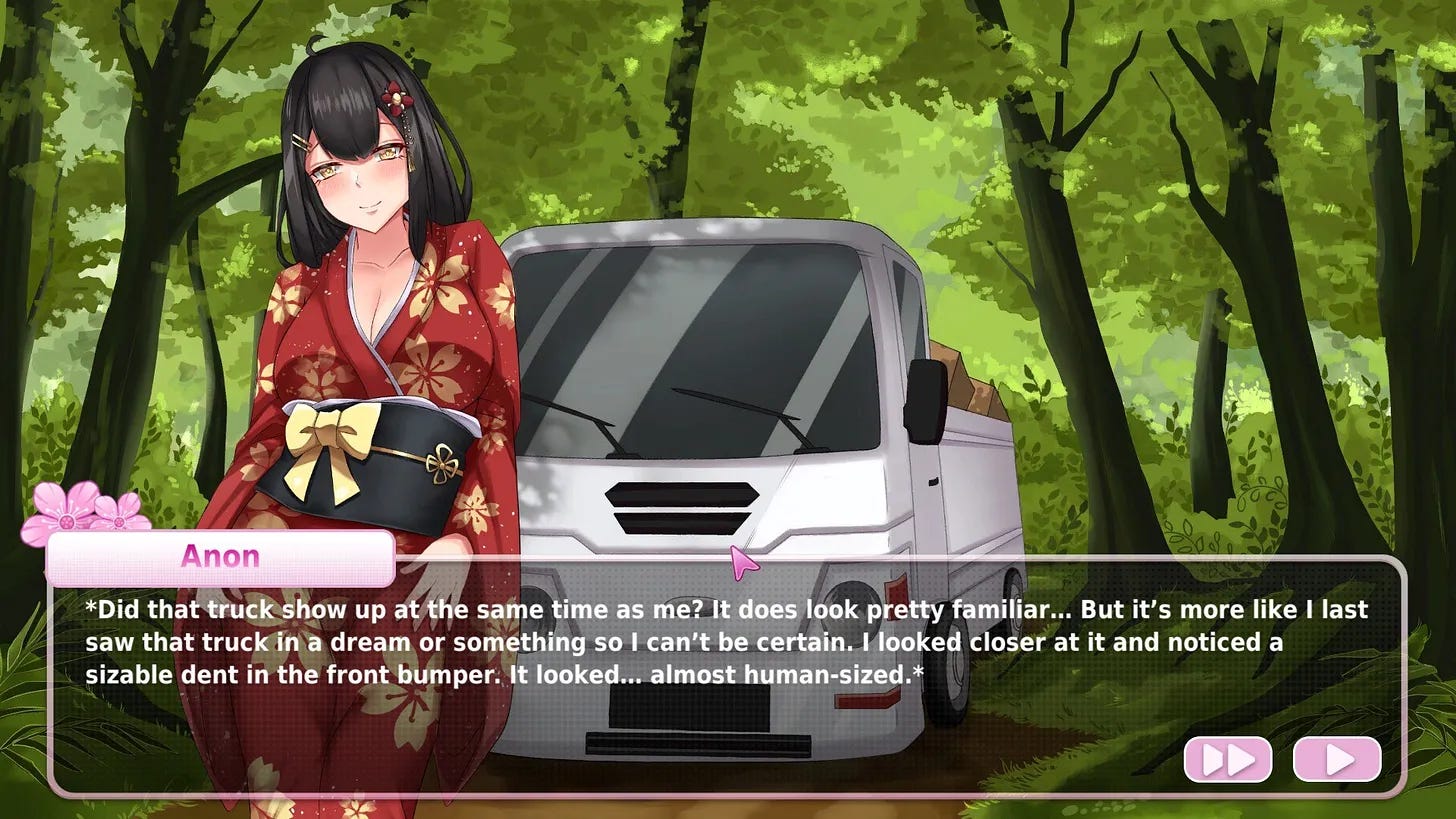 The protagonist asks a woman in a kimono if the truck ebhind her was always there