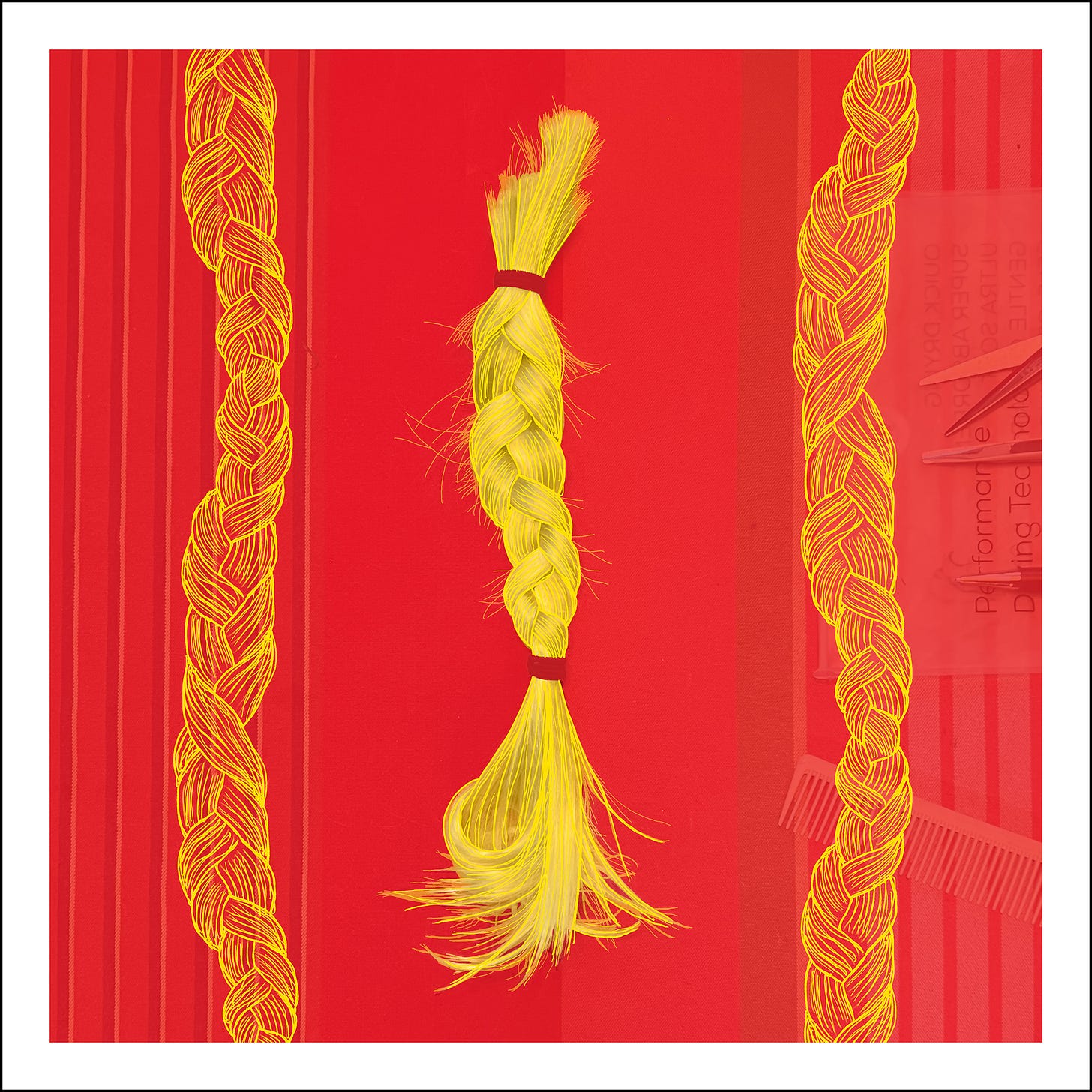 Rainbow Squared Year Seven, 03. Red Yellow. A photo of a braid of hair rests on a red tablecloth with yellow stripes and a comb and scissors in the background under a red overlay. The braid is digitally colored yellow with lines drawn on top of it. Those same lines appear as neverending braids that run from the top to the bottom of the composition on both sides.