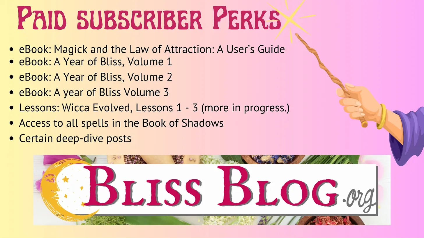 Pink background, magic wand in a hand, the bliss blog logo, and a list of paid subscriber perks including 4 ebooks, 3 lessons in magic, access to the Book of shadows, and some posts.