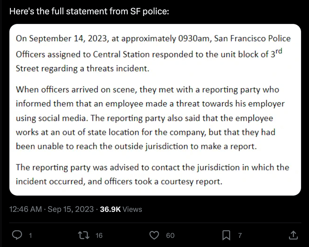 statement of SF police after the Unity threats