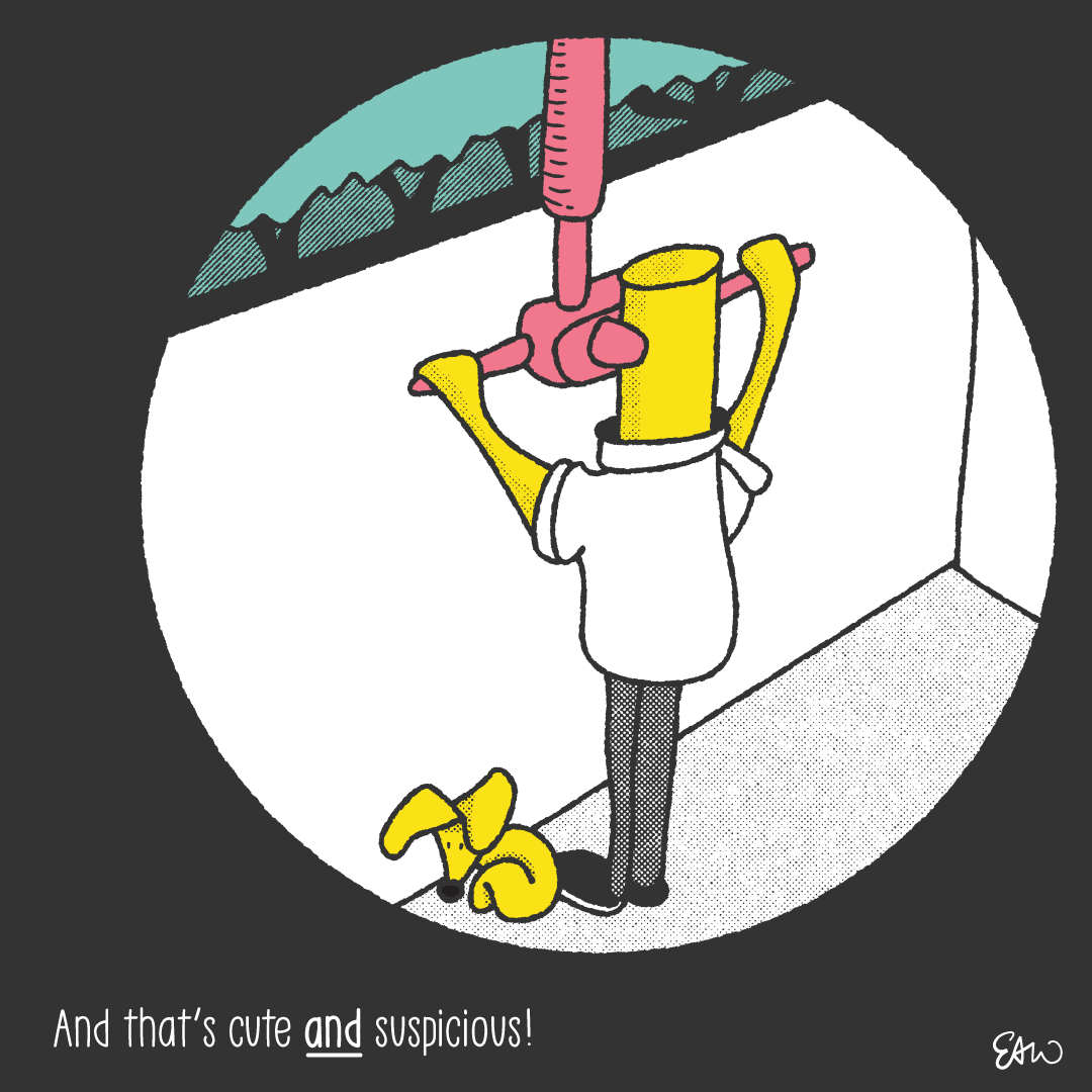 Wider view of a character with his dog looking through a periscope, framed within a circled suggesting someone else is looking at them through another periscope.