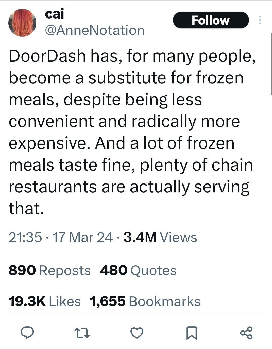 Screenshot of a tweet. The tweet reads “DoorDash has, for many people, become a substitute for frozen meals, despite being less convenient and radically more expensive. And a lot of frozen meals taste fine, plenty of chain restaurants are actually serving that.”