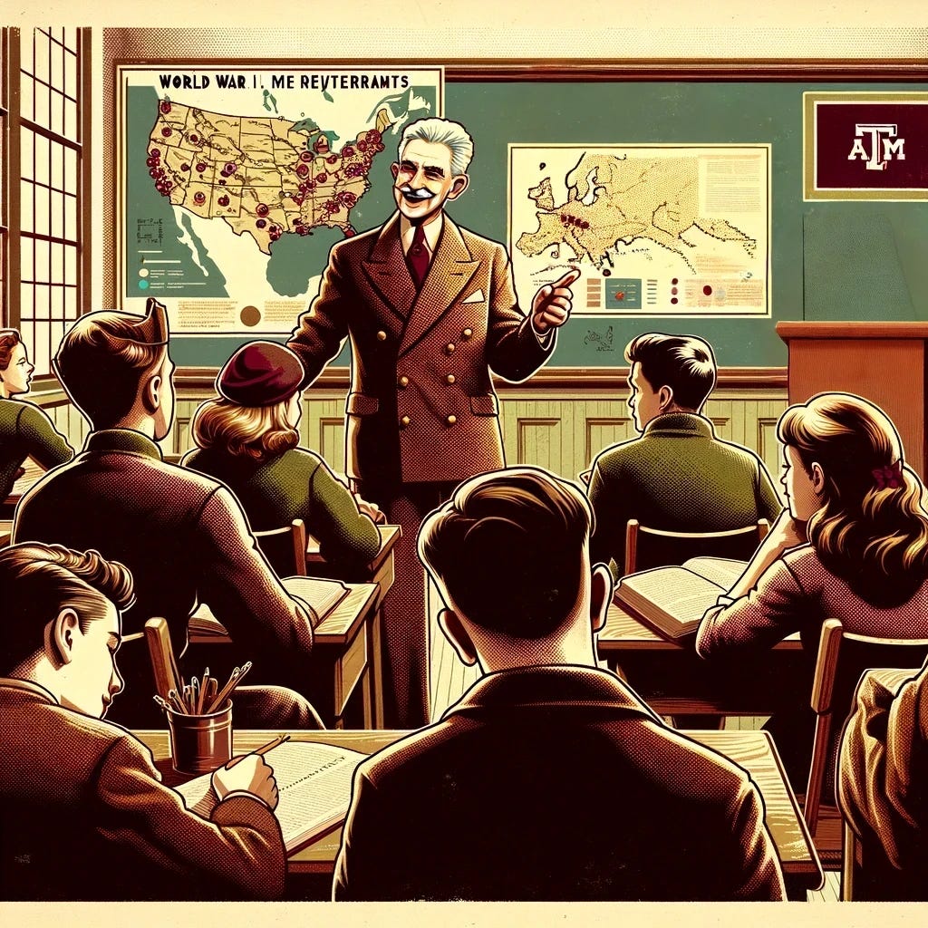 A vintage style illustration inspired by World War II artistic trends, featuring a college classroom scene with a history professor teaching. The professor, an elderly man with white hair and a thick mustache, is animatedly discussing a detailed World War II map of Europe. Students of diverse backgrounds are attentively listening, some taking notes. The classroom has period-appropriate decor such as a chalkboard and wooden floors, with university logos subtly included. The art style emulates 1940s American propaganda posters, with bold lines and a limited color palette of olive green, navy blue, and beige.