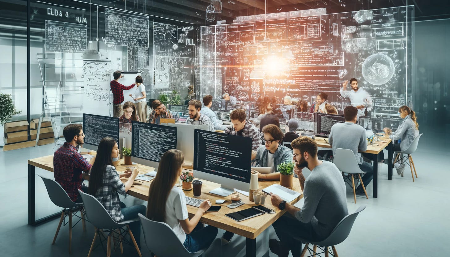 A group of computer scientists working together in a modern, collaborative environment to develop a new large language model (LLM). They are surrounded by high-tech equipment, whiteboards filled with equations and diagrams, and multiple computer screens displaying lines of code. The atmosphere is energetic and focused, with diverse team members brainstorming and coding. Include visual elements such as coffee cups, notebooks, and digital tablets to emphasize the creative and technical aspects of their work.