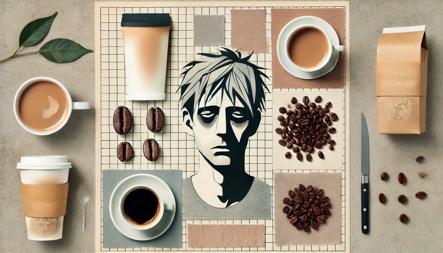 A minimalist collage-style image representing coffee addiction as something negative. The central figure is a tired, distressed person, with only a few key elements like coffee cups and beans scattered around them. The collage uses muted colors and soft textures, with the elements arranged cleanly on a grid-paper background. The design is simple and uncluttered, focusing on the emotional weight of caffeine addiction without overwhelming the viewer with too many details. All text and characters have been removed, focusing solely on the visual elements. The color of the coffee cup has been normalized to become uniform, blending smoothly with the rest of the elements.