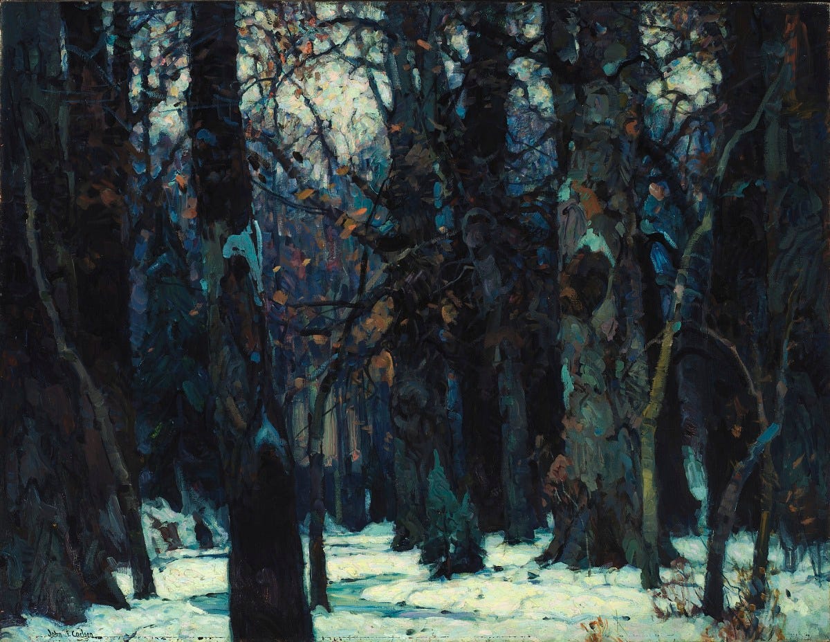 An oil painting of a dark, snow covered woodland with blue tones and orange leaves.