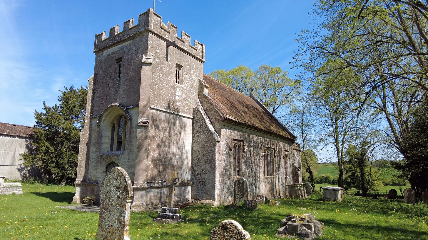 St George's Church, Orcheston, Wiltshire. A small tower not much above roof height of the rest of the church shows that this is a very old 13th century church. 