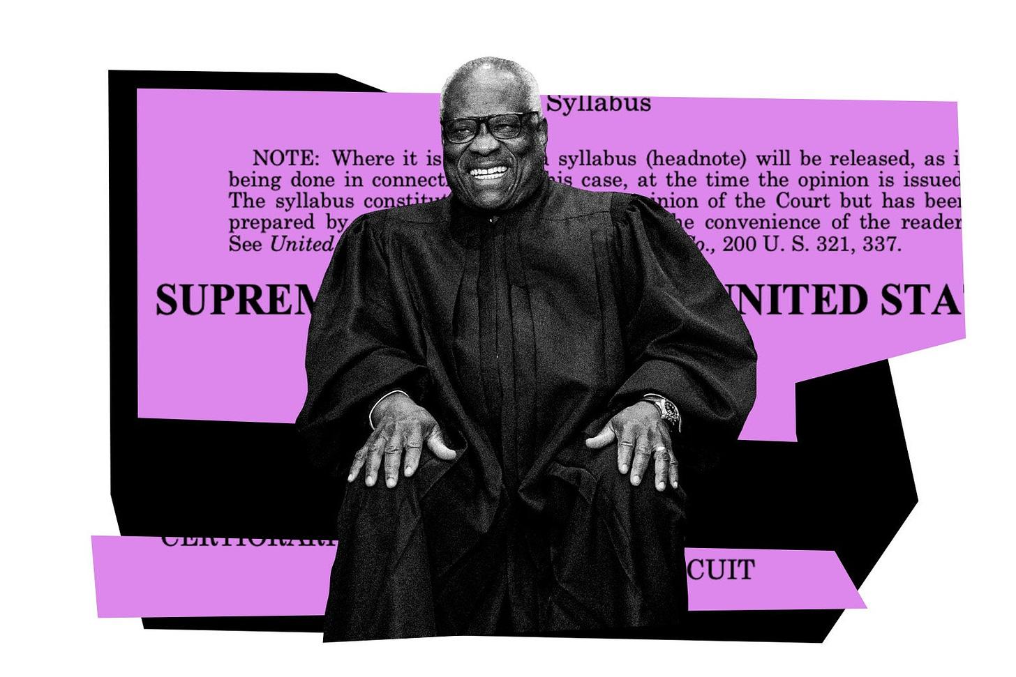 A photo illustration of Clarence Thomas against a bright purple and black collage incorporating some court documents.