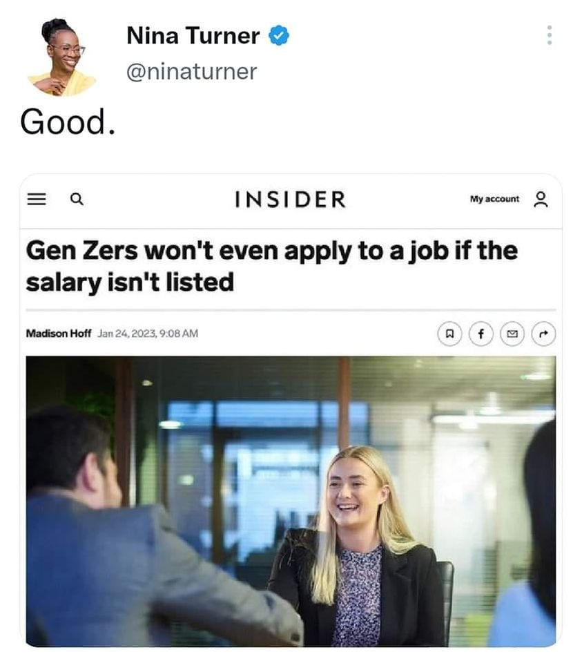 May be an image of 4 people and text that says 'Nina Turner @ninaturner Good. INSIDER My account Gen Zers won't even apply to a job if the salary isn't listed Madison Jan24 2023, 9:08 AM'