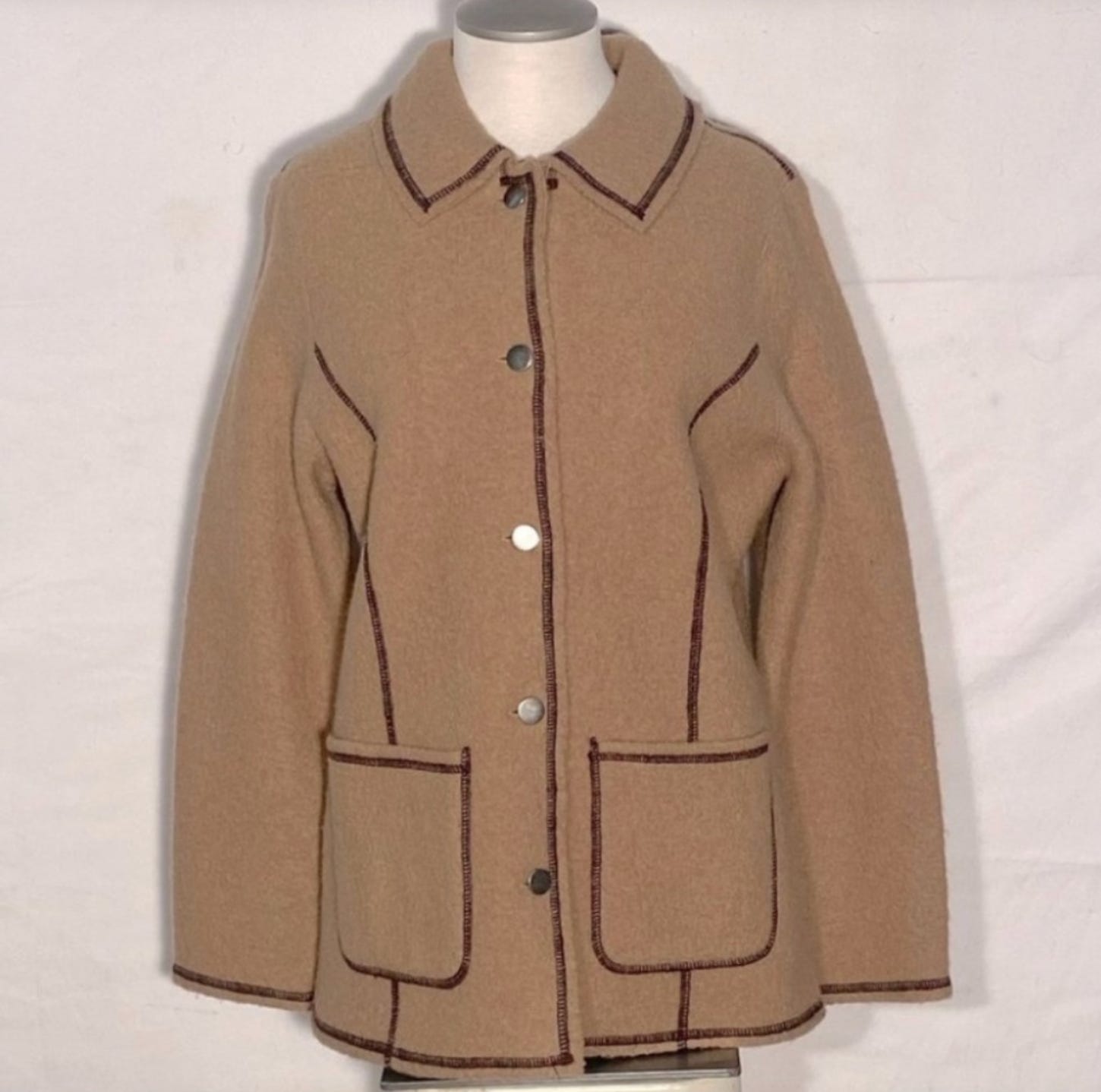brown boiled wool button up jacket with darker brown piping