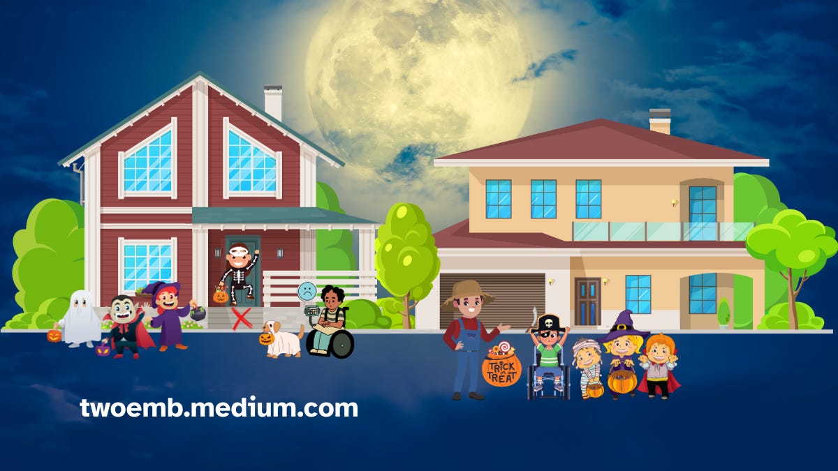 On the left side is a house with trick-or-treating happening at the front door. Children need to go up the porch steps in order to access it. On the right, the adult has set up in front of their garage so all children can trick-or-treat independently.