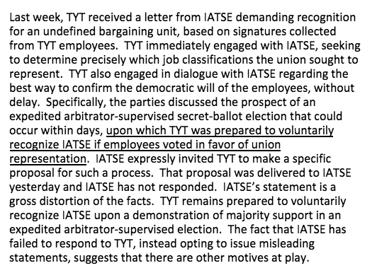 black on white text of The Young Turks Twitter statement answering an IATSE tweet about voluntary recognition of TYT Union