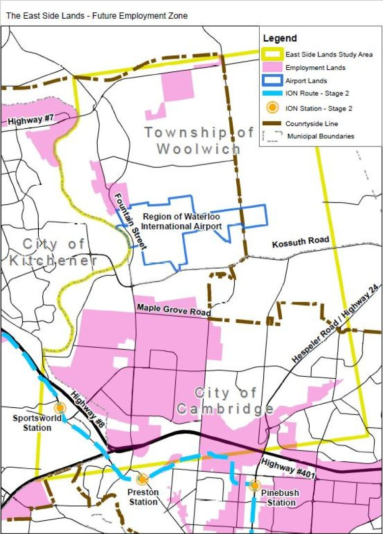 Map highlighting the East Side Lands employment areas