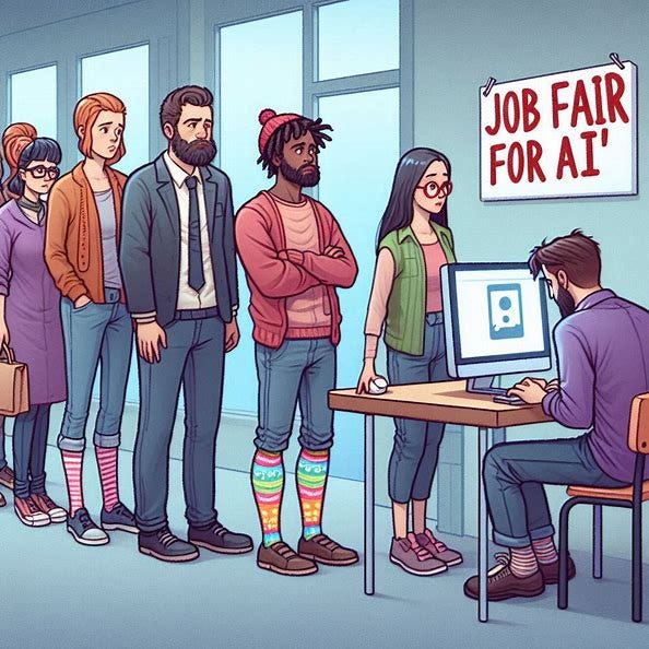 A line of unemployed academics waiting to talk to a computer, one of them wearing mismatched socks, with a sign that says 'Job Fair for AI', including women in the line. Image 1 of 4