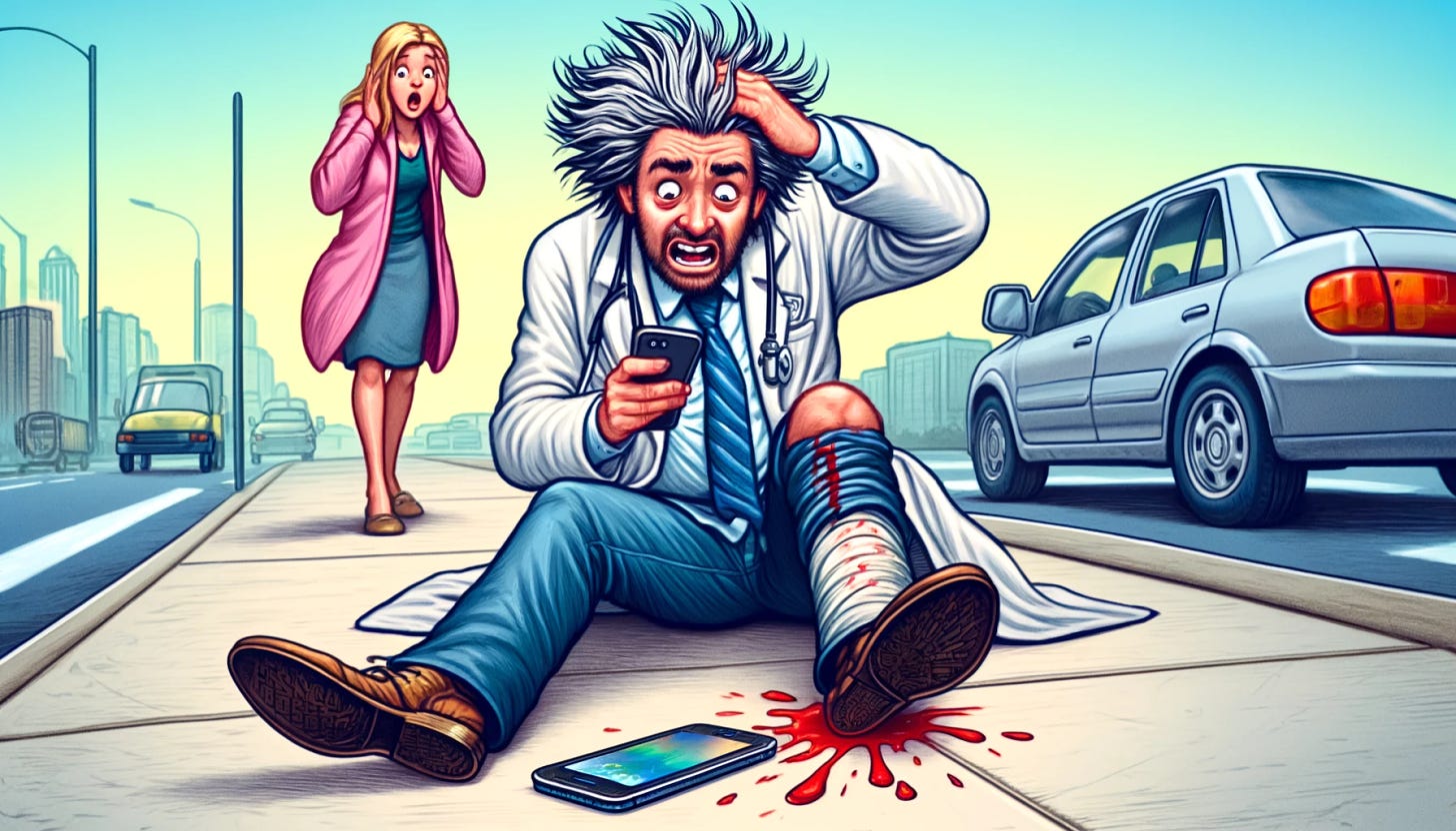 A comical illustration showing a man with wild, disheveled hair, wearing a doctor's coat, sprawled on the sidewalk next to a perfectly intact smartphone. He's checking the phone with a relieved expression, oblivious to his scraped knee that's bleeding. His wife stands beside him, hands on her head, looking horrified. The scene is exaggerated for humor, with colorful cartoon-style artwork.