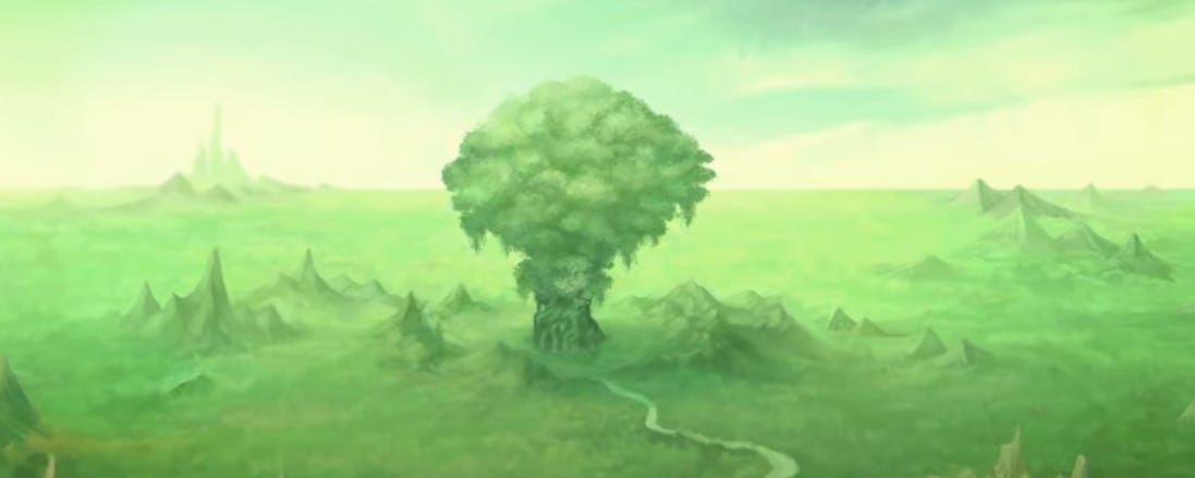 A screenfrom from Legend of Mana, featuring a lovely rendering of a magical tree in the middle of a large landscape.