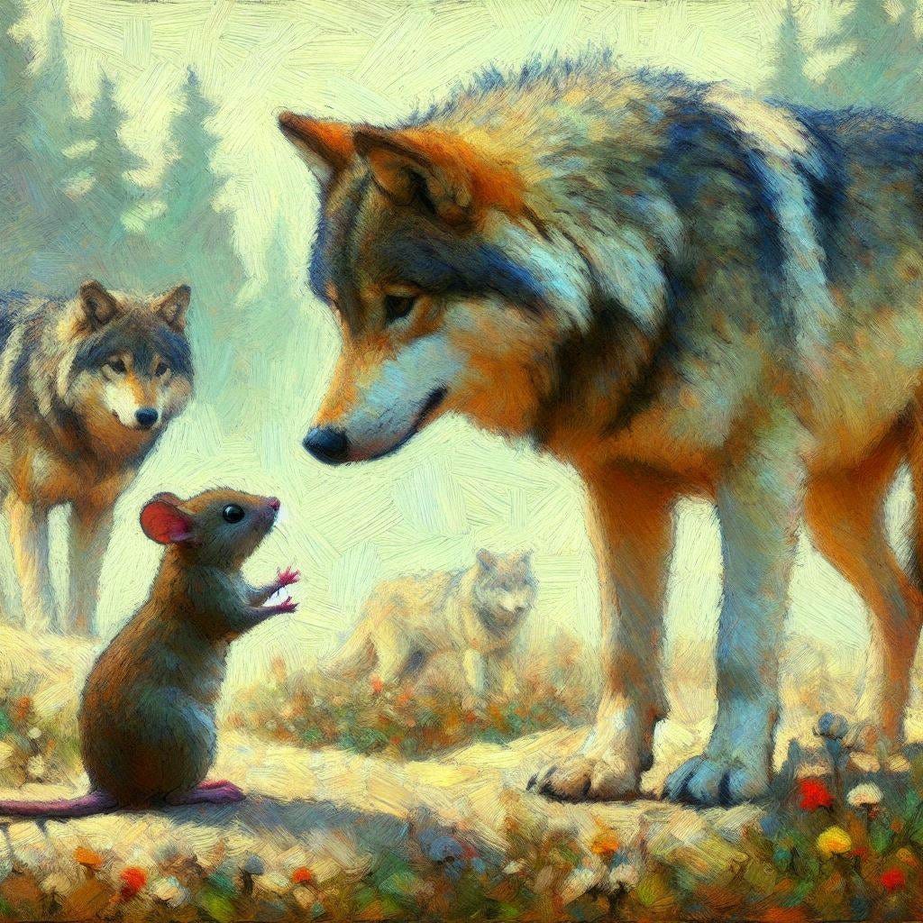 A little mouse addresses a big timber wolf. There are other wolves in the background. Impressionist-style.