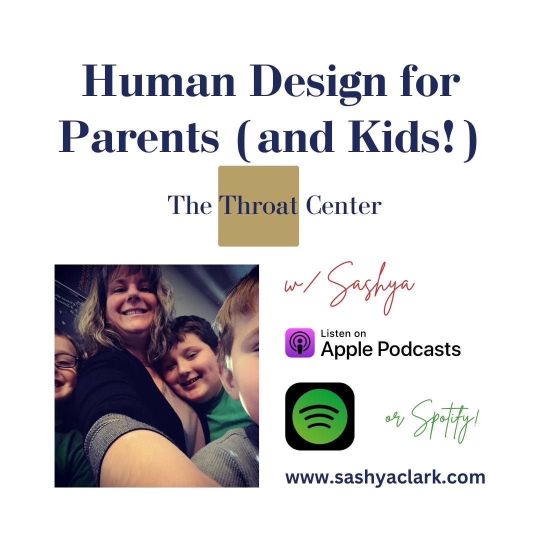 Sashya Clark, Parent Coach + Human Design Specialist hugging three of her four children and teaching a podcast about the Human Design Throat Center in kids.