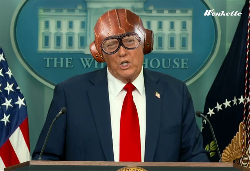 Donald Trump at his press briefing on the midair collision near Reagan National Airport, with an old-fashioned aviator's goggles and leather helmet photoshopped onto his head