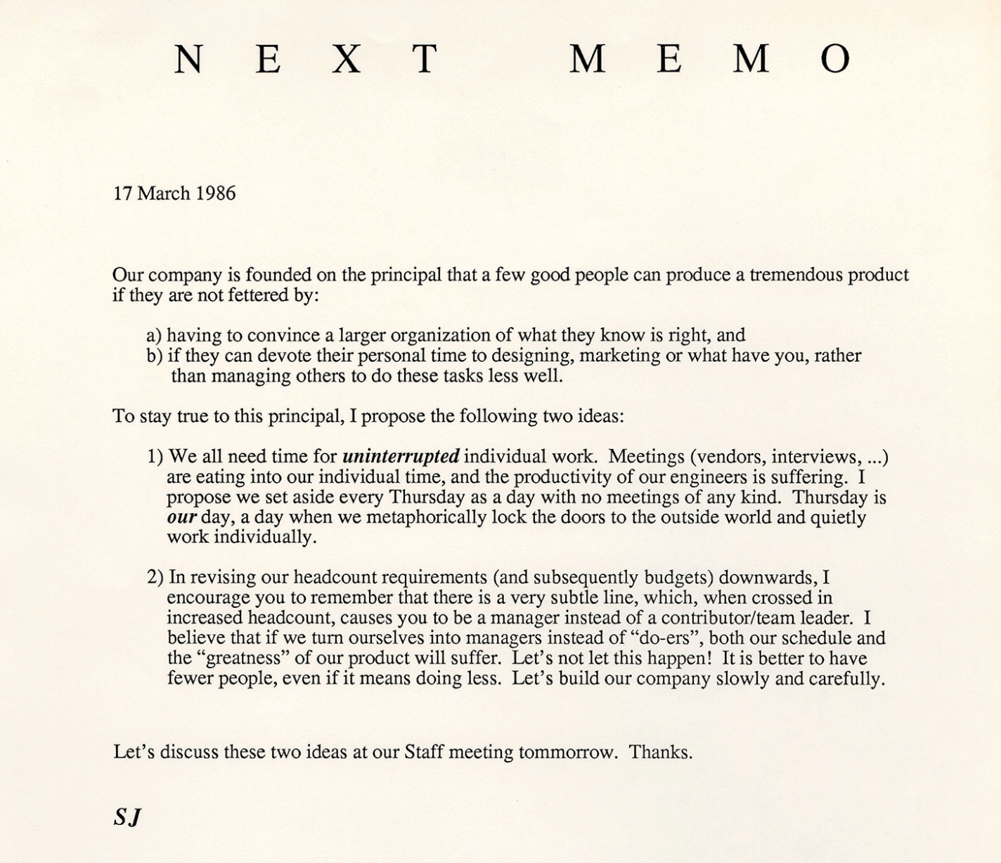 Memo de Steve Jobs a los empleados de NeXT, Marzo 1986 — Make Something Wonderful