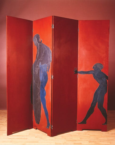 The red, blue and silver lacquer panels of Le Destin screen, by Eileen Gray.