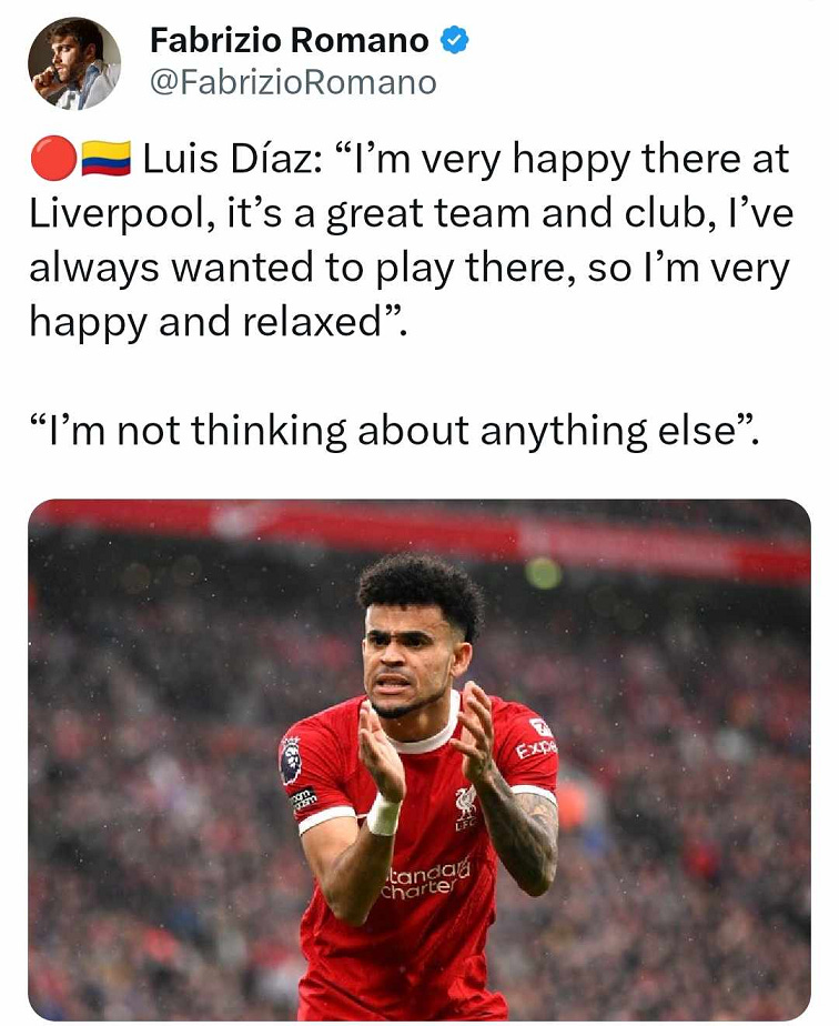 A tweet by Fabrizio Romano about Luis Diaz