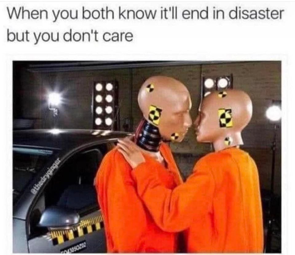 May be an image of 1 person and text that says 'When you both know it'll end in disaster but you don't care @thedrygingar'