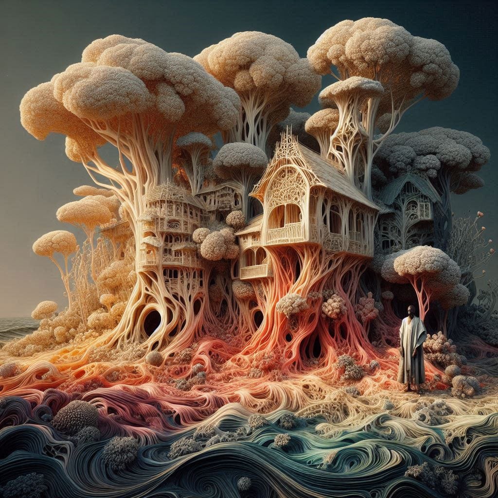 inside piercing air among trees; tiltshift/ 5d angle glass embedded Carla caves / Broken into fragments/ pieces Rwandan man in traditional garb / leaning toward camera/ his house, glowing,  is a large coral plant underwater / olive,ivory, chartrues, lace made of black water in resin/ love. coral orange, pink, cream, olive address/ reverberating waves/ water in resin verdigris/ In the style of Michael Parkes. black etching/ black linework/ 