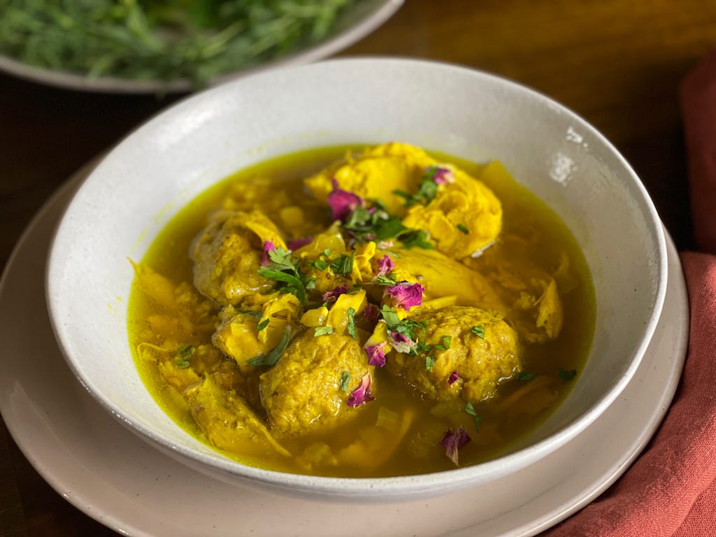 Persian Chicken Soup with Chickpea and Lamb Meatballs (Abgusht-e morgh ba kufteh-ye nokhodchi) from Najmieh Batmanglij’s ‘Food of Life’