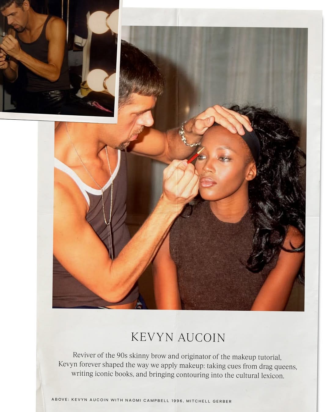 A photograph of Kevyn Aucoin doing makeup on Naomi Campbell.