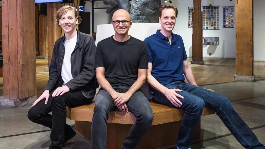 From left, GitHub CEO Chris Wanstrath, Microsoft CEO Satya Nadella and future GitHub CEO Nat Friedman at GitHub headquarters in San Francisco.