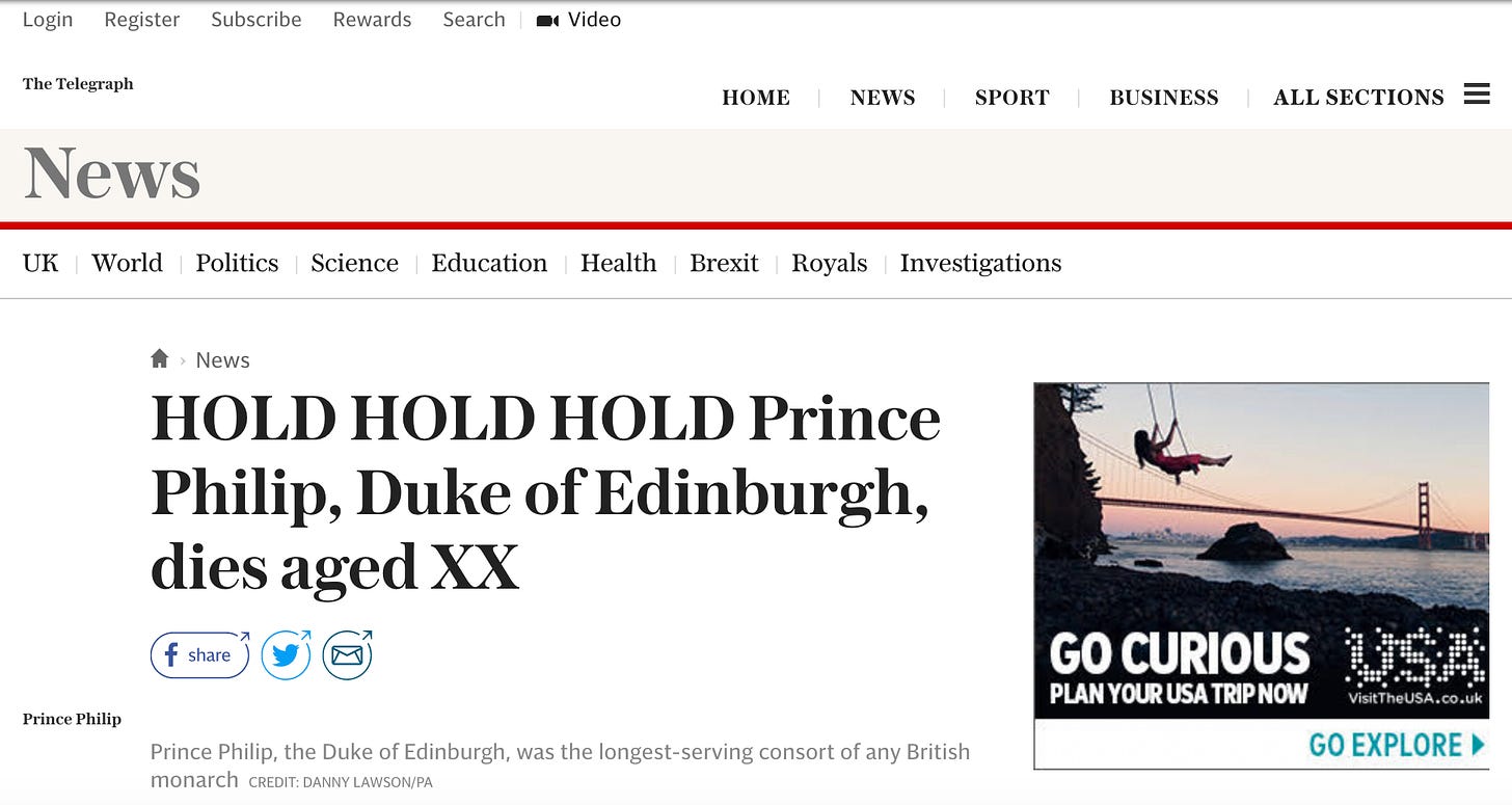 Prince Phillip Obituary Telegraph Headline