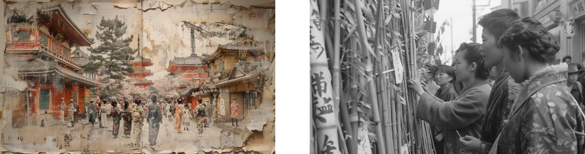 A vintage-style depiction of a bustling traditional Japanese street with people in kimonos and a black-and-white photo of people writing wishes on bamboo.