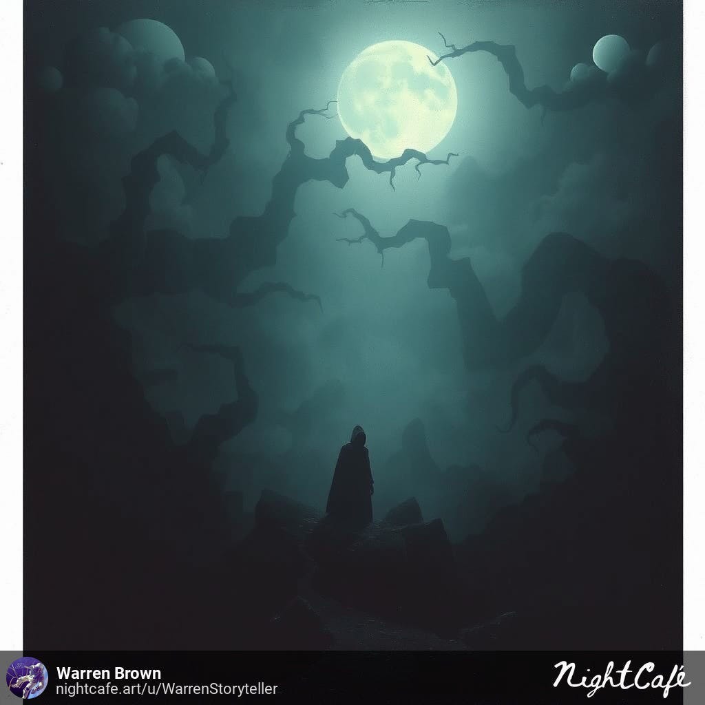The Moon shines over a cloaked figure walking through a dark forest.