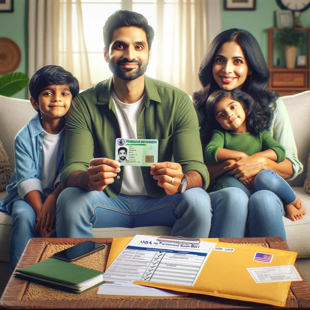 Create an image of an Indian family, consisting of a dad, a mom, and two young children aged 13 and 5, sitting in their living room in casual Western clothes. The dad is holding a USA permanent resident card (the size of a business card), and on a coffee table in front of them, there's a USCIS mail envelope. Also, include an A4 size paper with a checklist titled "Citizenship Do's and Don'ts" visible on the table. The family appears happy and hopeful, looking at the dad holding the green card.