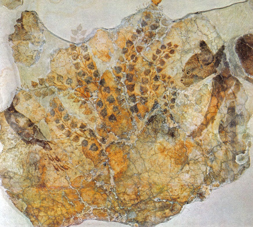 Minoan fresco showing a cat hiding behind a clump of ivy in order to sneak up on a bird