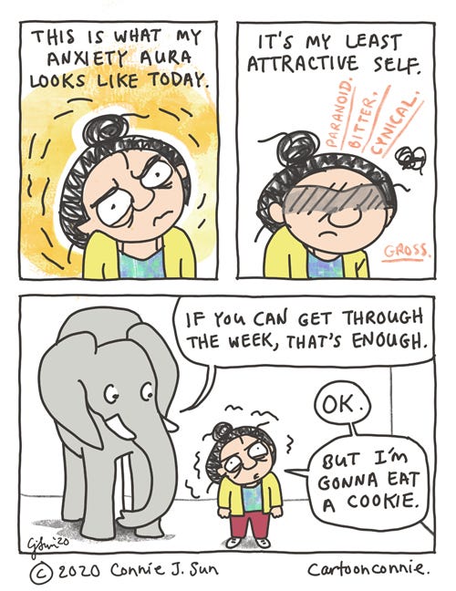 Anxiety Aura comic strip about anxiety and a person's least attractive qualities, by connie sun, cartoonconnie, sketchbook drawing, comics and illustration blog
