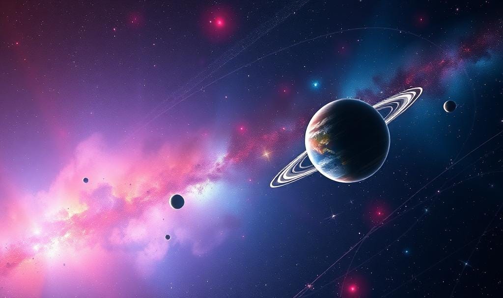 A ringed planet with Earth-like features surrounded by stars and a colorful nebula.