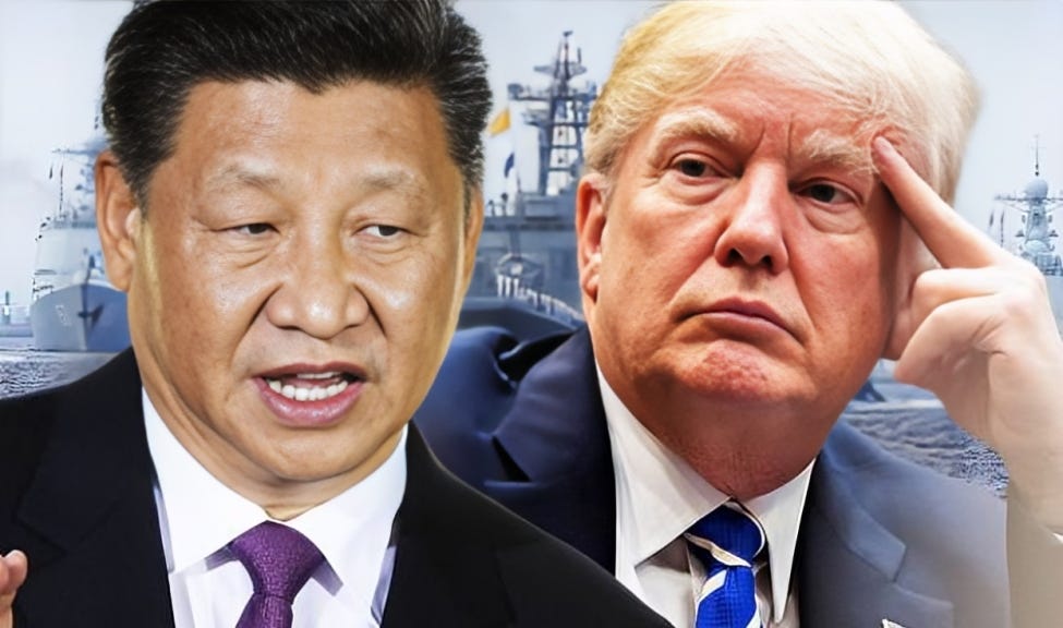 President Donald Trump, in a contemplative pose, stands alongside Chinese President Xi Jinping, symbolizing the complex dynamic between the U.S. and China.